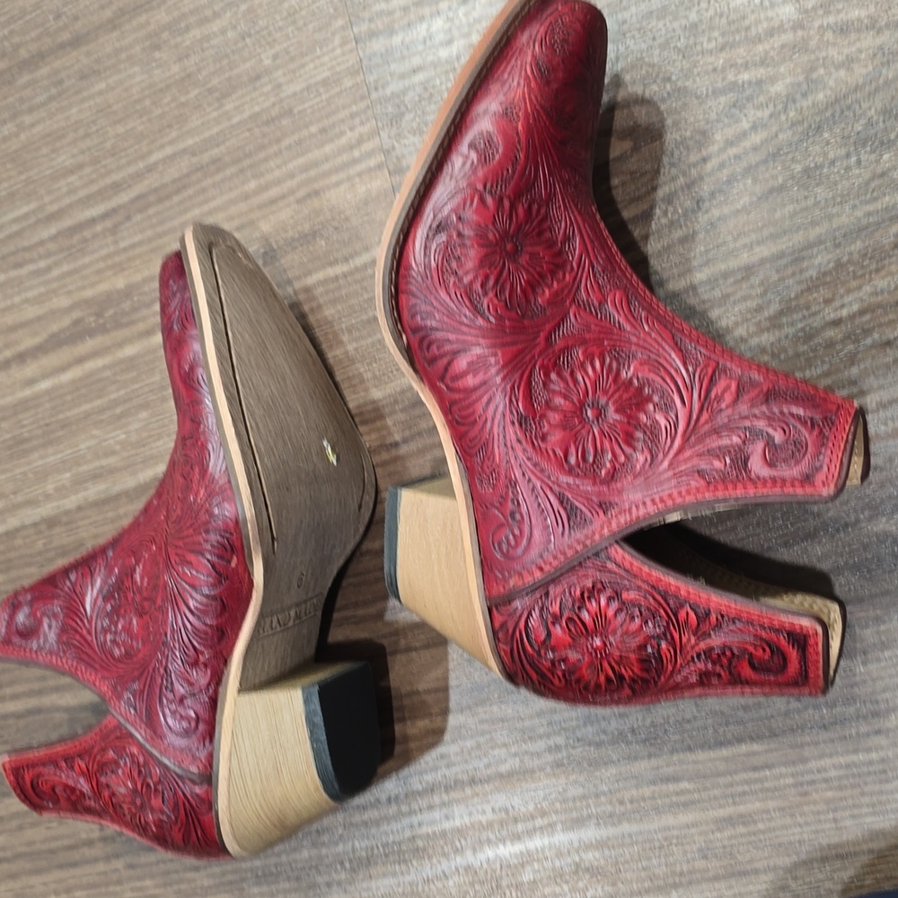 Scarlet Hand Tooled Genuine Leather Women Bootie Cowboy Boot Boho Western Red 6 - Picture 5 of 6